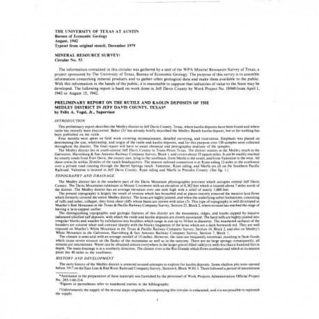 MS0053. Preliminary Report on the Rutile and Kaolin Deposits of the Medley District in Jeff Davis County, Texas