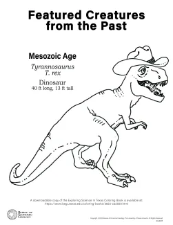The front page of the Featured Creatures From The Past Coloring Page - a T-Rex in a Cowboy hat