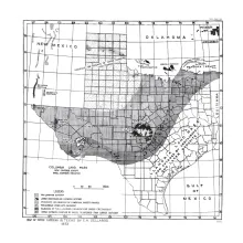 Maps of Cambrian; Devonian; Upper, Middle, and Lower Ordovician; and Silurian Formations in Texas